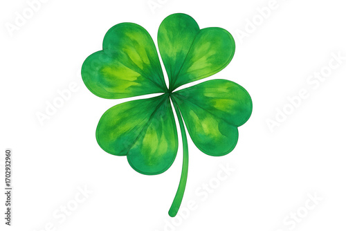 Hand-drawn watercolor four-leaf clover symbolizing good luck and fortune, isolated on a transparent background