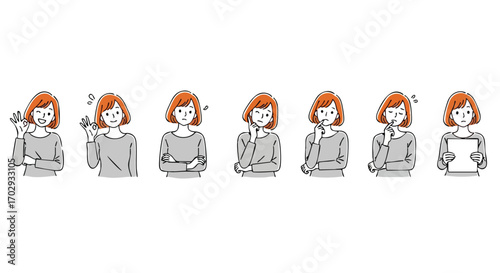 Diverse emotional expressions of a woman, from joyful agreement to thoughtful contemplation