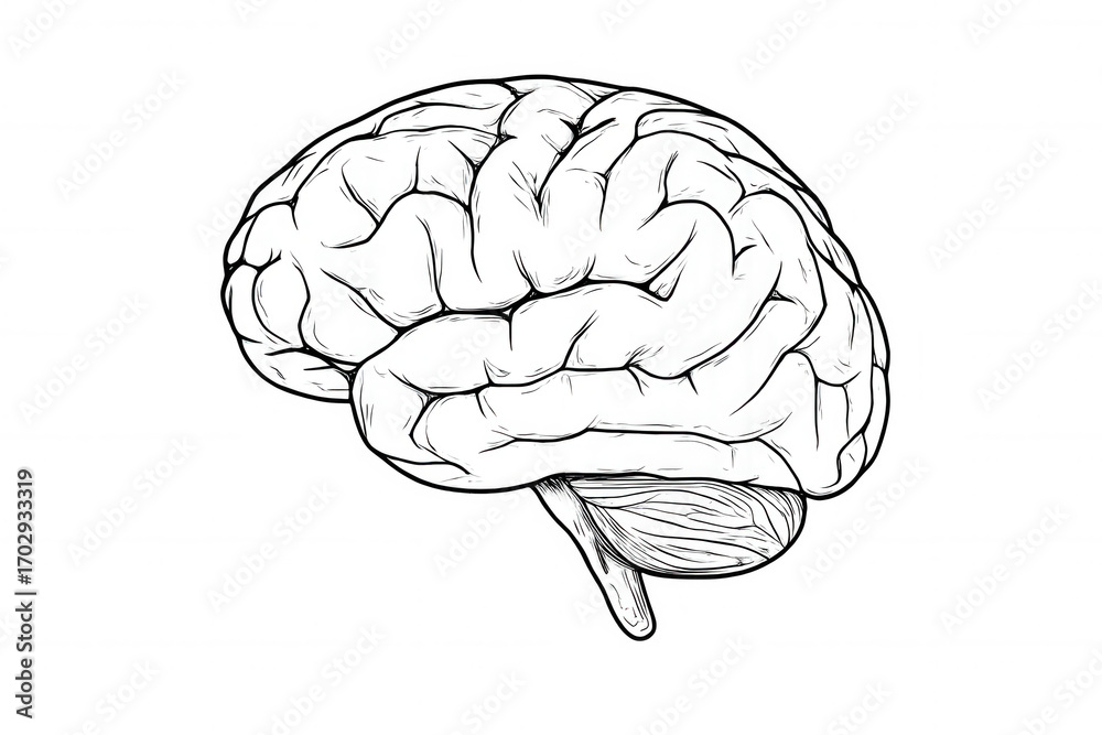 Fototapeta premium Detailed hand-drawn brain illustration highlighting neural complexity, representing cognitive processes against transparent backdrop