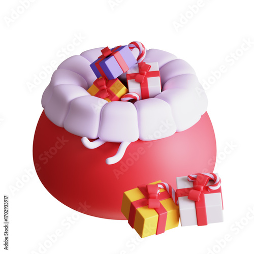 A 3D rendering of a festive red Christmas sack overflowing with beautifully wrapped gifts and presents, isolated on a clean white background