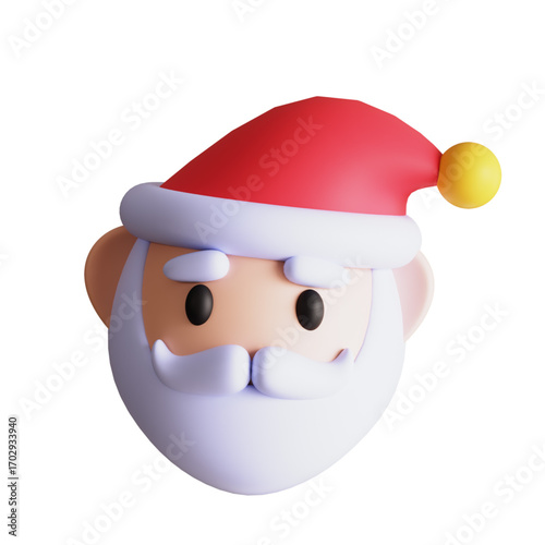 Adorable 3D rendered Santa Claus head character icon. Festive Christmas symbol with a red hat and fluffy white beard for holiday celebration designs