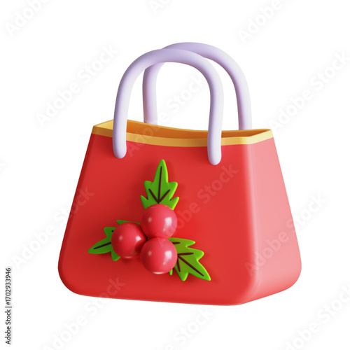Festive red handbag with holly berries and gold trim, a charming accessory for the holiday season, perfect for gifting or personal style