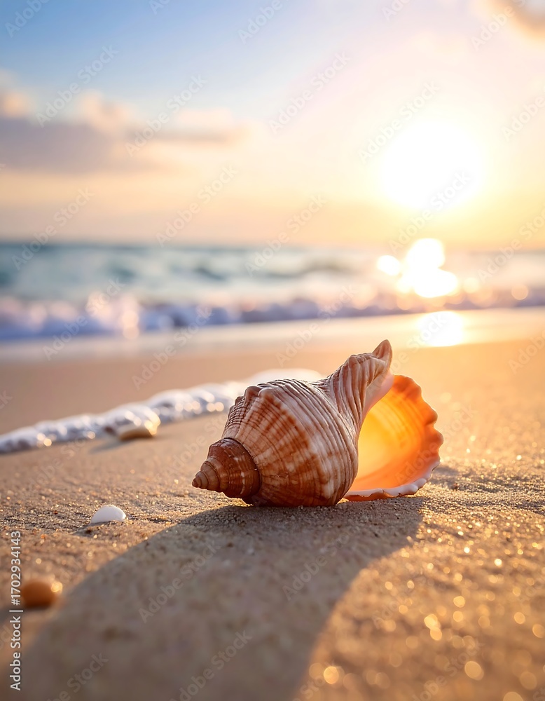 Obraz premium Seashell on Sandy Beach at Sunrise (1)