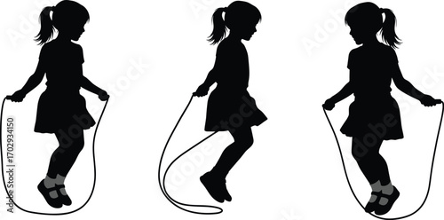 Silhouette, child, skipping, rope, motion, sequence, ponytail, dress, jump, playful, energetic, outdoor, activity, fitness, fun, dynamic, movement, childhood, exercise, rhythm