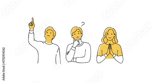 Diverse people express ideas, ponder questions, and show gratitude with simple yellow accents