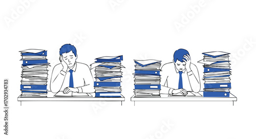 Overwhelmed businessmen buried in stacks of paperwork at desks, feeling stressed and exhausted