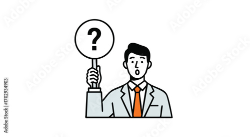 Professional man with surprised expression holding a question mark sign seeking answers