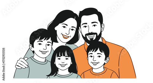 Joyful family portrait with parents and three smiling children embracing warmly