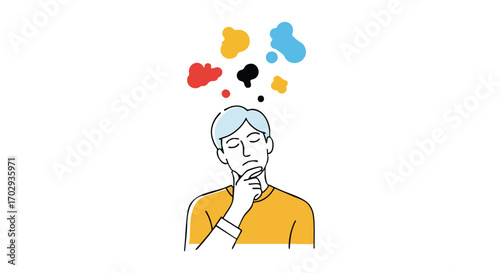 Man deep in thought, contemplating colorful ideas and solutions for complex problems