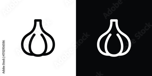 Black and White Garlic Icon Illustration Outlined Vegetable in Contrasting Colors and Backgrounds