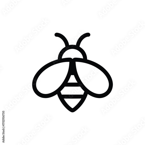 Black Outline Icon of Bee with Antennae, Wings, and Striped Body Shape on White Background