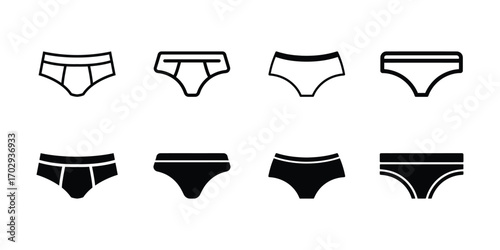 Eight Panties Icons Underwear Styles Depicted in Black and White, Outlined and Filled Shapes, Isolated on White