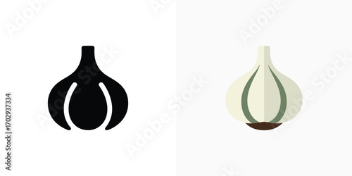 Garlic Bulb Flat Design and Silhouette Icon Illustration on White Background