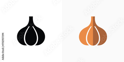 Garlic Bulb Icon Set Black Silhouette and Orange Flat Design Illustration Isolated
