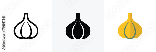 Garlic Icons Line Art, Silhouette, and Flat Color Illustration on White Background