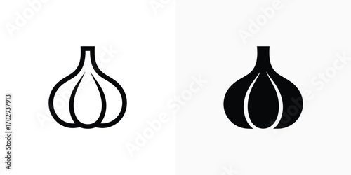 Illustration Two Garlic Bulb Icons, One Outlined, One Solid Black on White Background