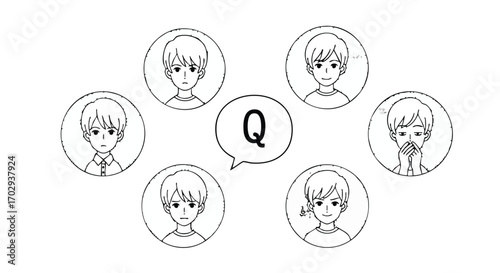 Diverse male emotions conveyed through expressive portraits surrounding a question mark