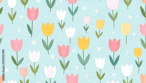 Wallpaper Mural Pastel spring tulips and flowers on a light teal background Torontodigital.ca