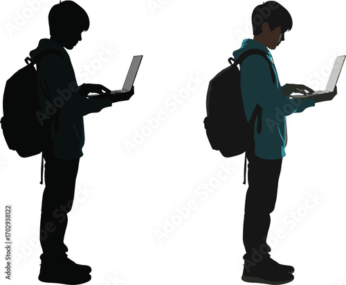 Urban tech lifestyle silhouette, digital nomad working on laptop, hoodie backpack style, modern youth illustration, side-by-side comparison design