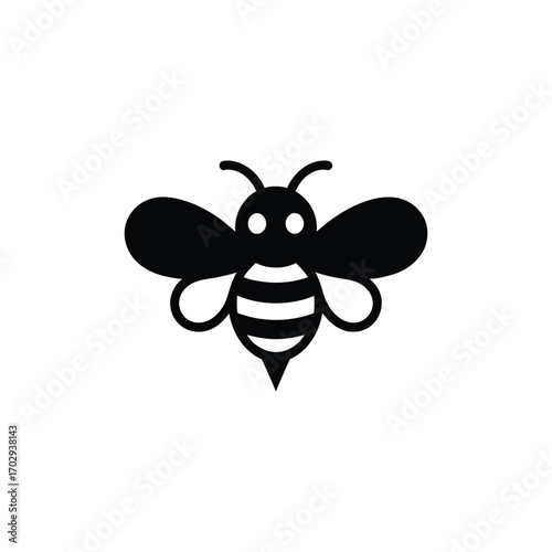 Minimalist Black and White Bee Illustration with Wings, Antennae, and Stripes Detail