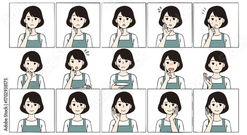 Diverse emotional expressions of a woman in apron, showcasing relatable human feelings and reactions
