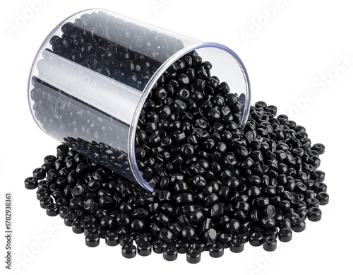 Black Plastic Pellets Spilling from Clear Jar – Industrial Minimal PNG
