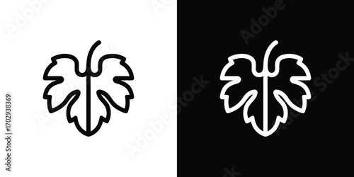 Minimalist Grape Leaf Outline Icon, White on Black and Black on White Backgrounds