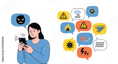 Worried person bombarded by notifications of disasters and bad news on phone