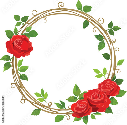 Red rose floral wreath on a golden vine circle frame