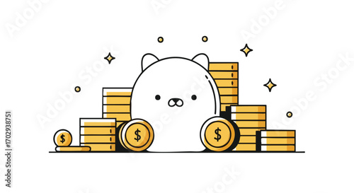 Adorable cartoon character guards a mountain of gold coins, symbolizing wealth and financial success.