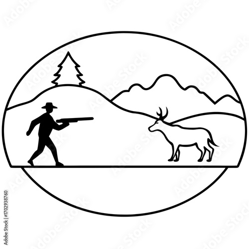 Hunter aims rifle at deer in mountainous landscape silhouette
