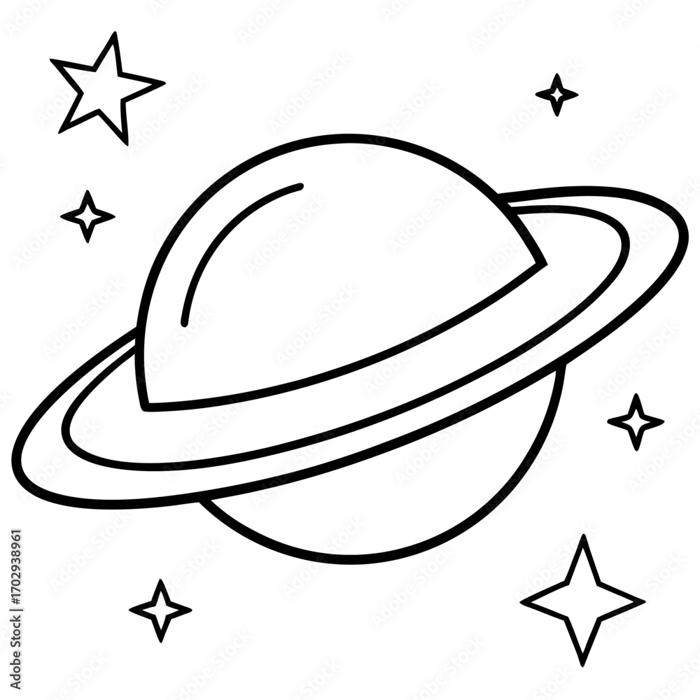 Fototapeta premium Stylized outline of saturn with surrounding stars in a simple line drawing silhouette