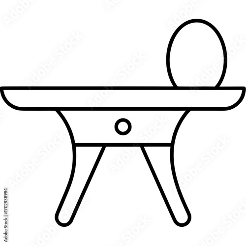 Simple outline drawing of a baby high chair with a tray and backrest silhouette