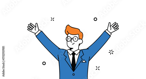 Excited businessman celebrating victory with arms raised high in modern professional style