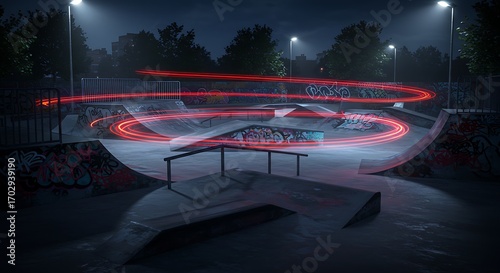 Dynamic light trails streak through a graffiti-covered skatepark at night under streetlights