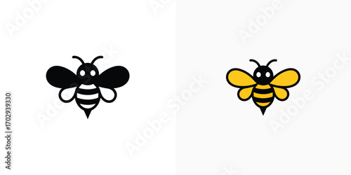 Simple Illustration of Two Stylized Bees, One Black and White and One Yellow, on White Background