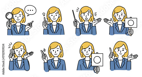 Businesswoman expresses various emotions and ideas using gestures, magnifying glass, and signs.