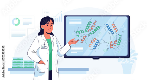 Female scientist presenting research on molecular structure with data analysis for medical