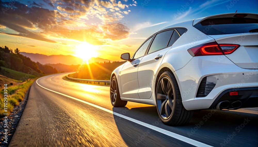 Fototapeta premium White car on winding road at sunset