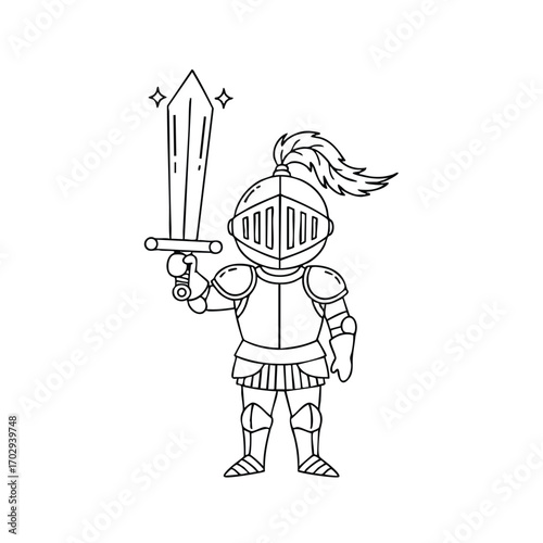 Illustration of a medieval knight in shining armor holding a large sword with a plume on the helmet