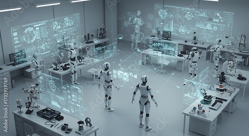 Futuristic robotics lab with AI humanoid robots and holographic data interfaces