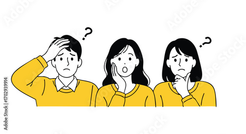 Confused team facing tough business challenges with question marks above their heads