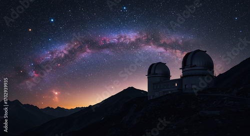 Majestic observatory domes under a vibrant Milky Way galaxy illuminating mountain peaks at night