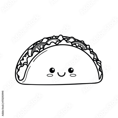 Cute cartoon taco with smiling face and detailed ingredients in a black and white line art style illustration