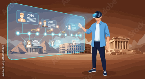A man explores historical landmarks with virtual reality augmented reality interface technology
