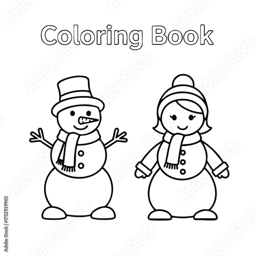 Black and white outlined cartoon snowman and snowwoman wearing winter hats and scarves for coloring book page