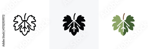 Trio of Stylized Grape Leaf Icons Outline, Silhouette, and Gradient Design