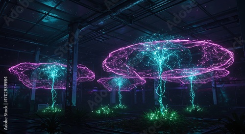 Dazzling neon trees illuminate futuristic industrial space with vibrant energy and glowing flora