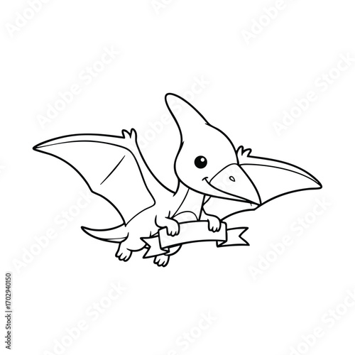 Cute cartoon pterodactyl flying with a blank ribbon banner in its claws in a simple black and white line art style