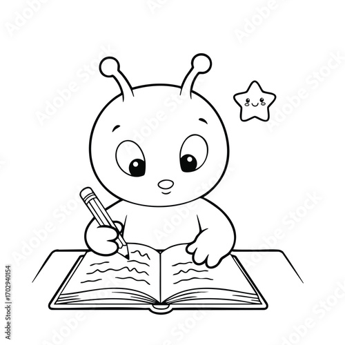 Cute cartoon alien character writing in an open book with a smiling star floating nearby in black and white
